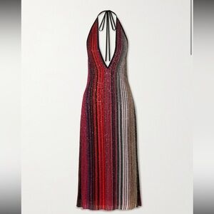 MISSONI Sequined striped metallic crochet-knit halterneck midi dress SZ 46 8/10
